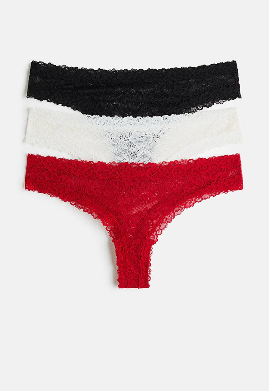 H&M - 3-pack lace brazilian briefs - red/white/black