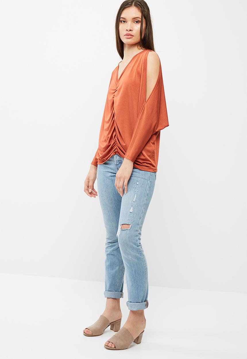 dailyfriday - Ruched front cold shoulder knit top