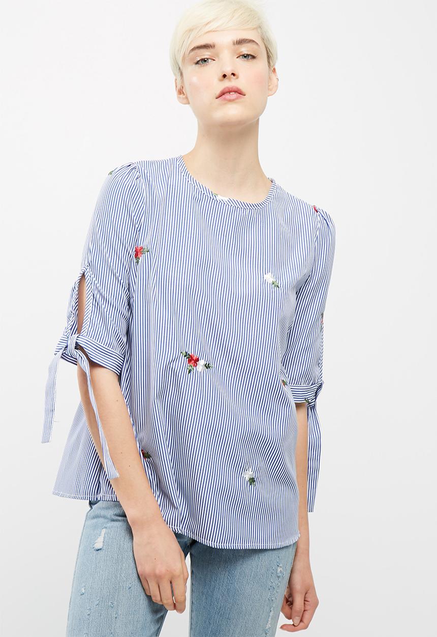 dailyfriday - Poplin stripe embroidered tie sleeve blouse