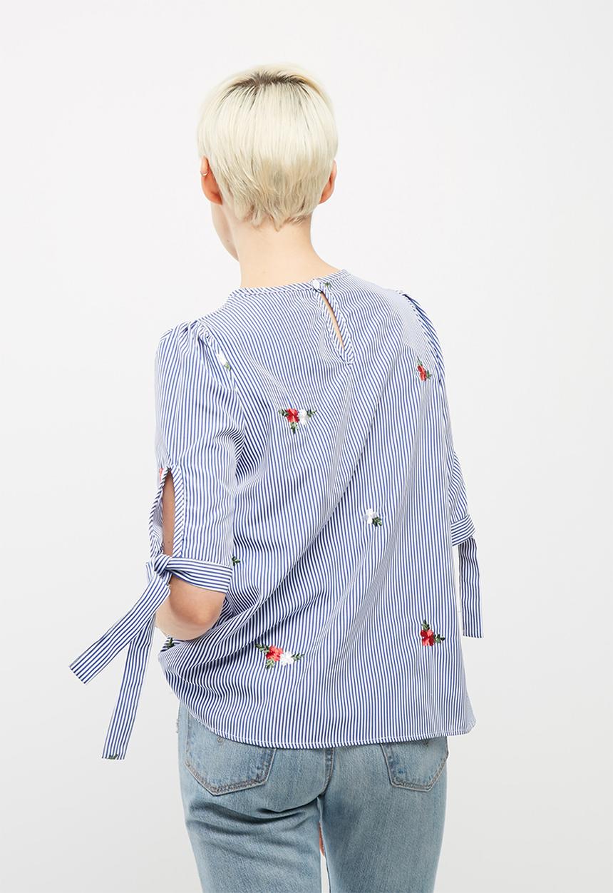 dailyfriday - Poplin stripe embroidered tie sleeve blouse