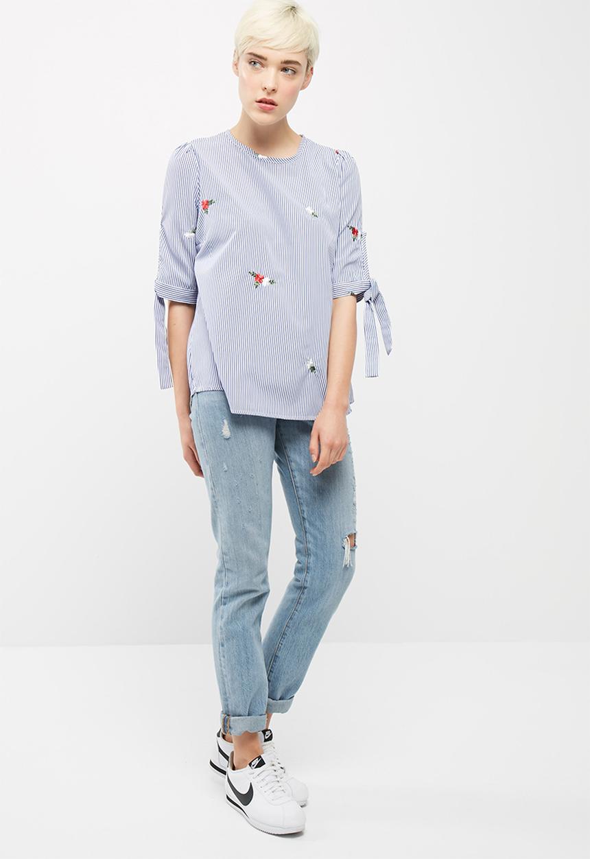 dailyfriday - Poplin stripe embroidered tie sleeve blouse