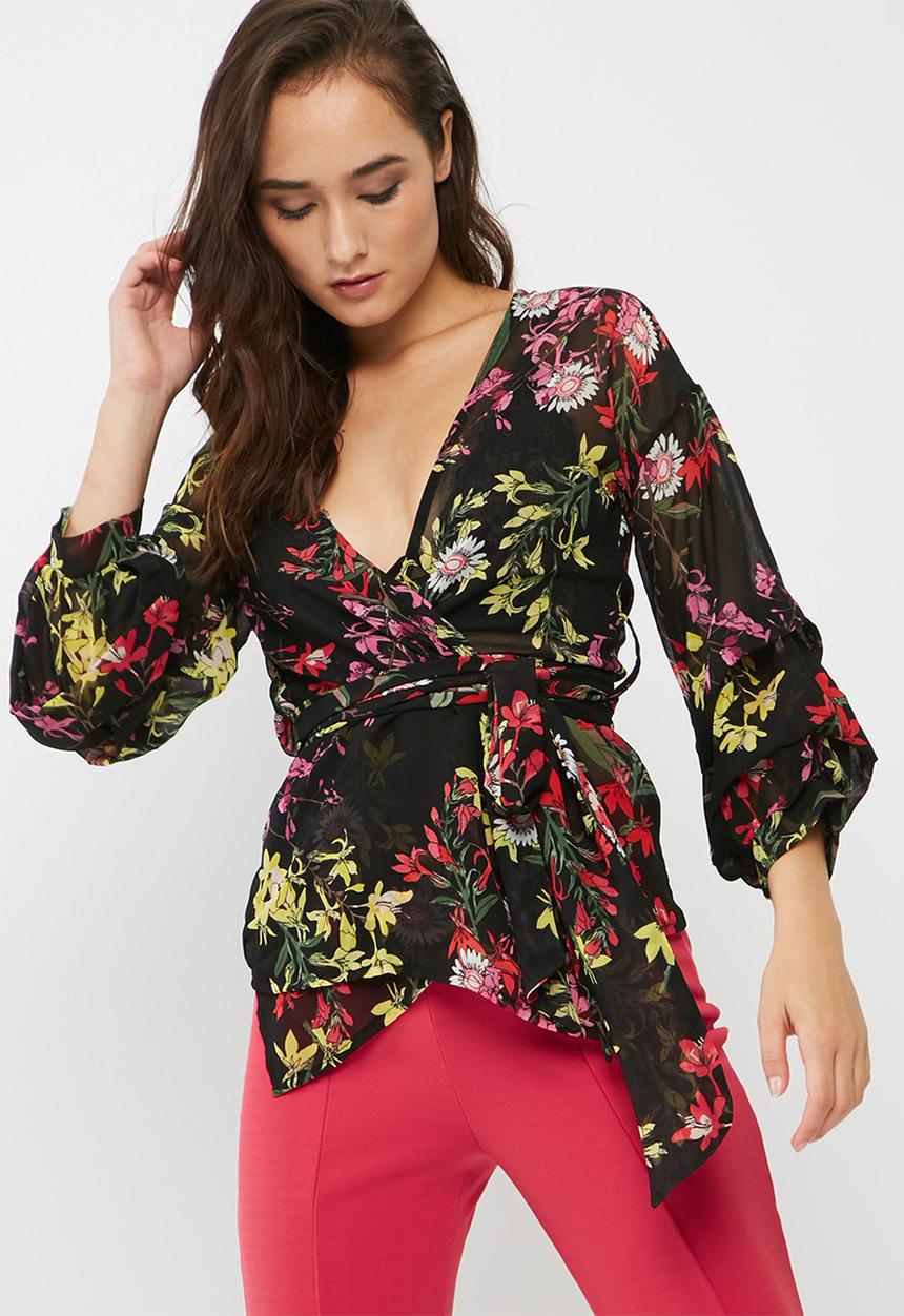 Missguided - Floral print wrap tie blouse