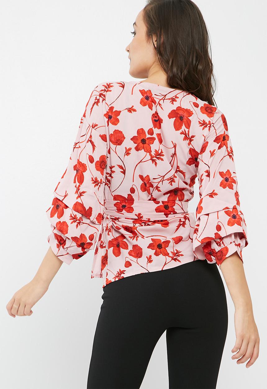 Missguided - Poppy print wrap tie blouse