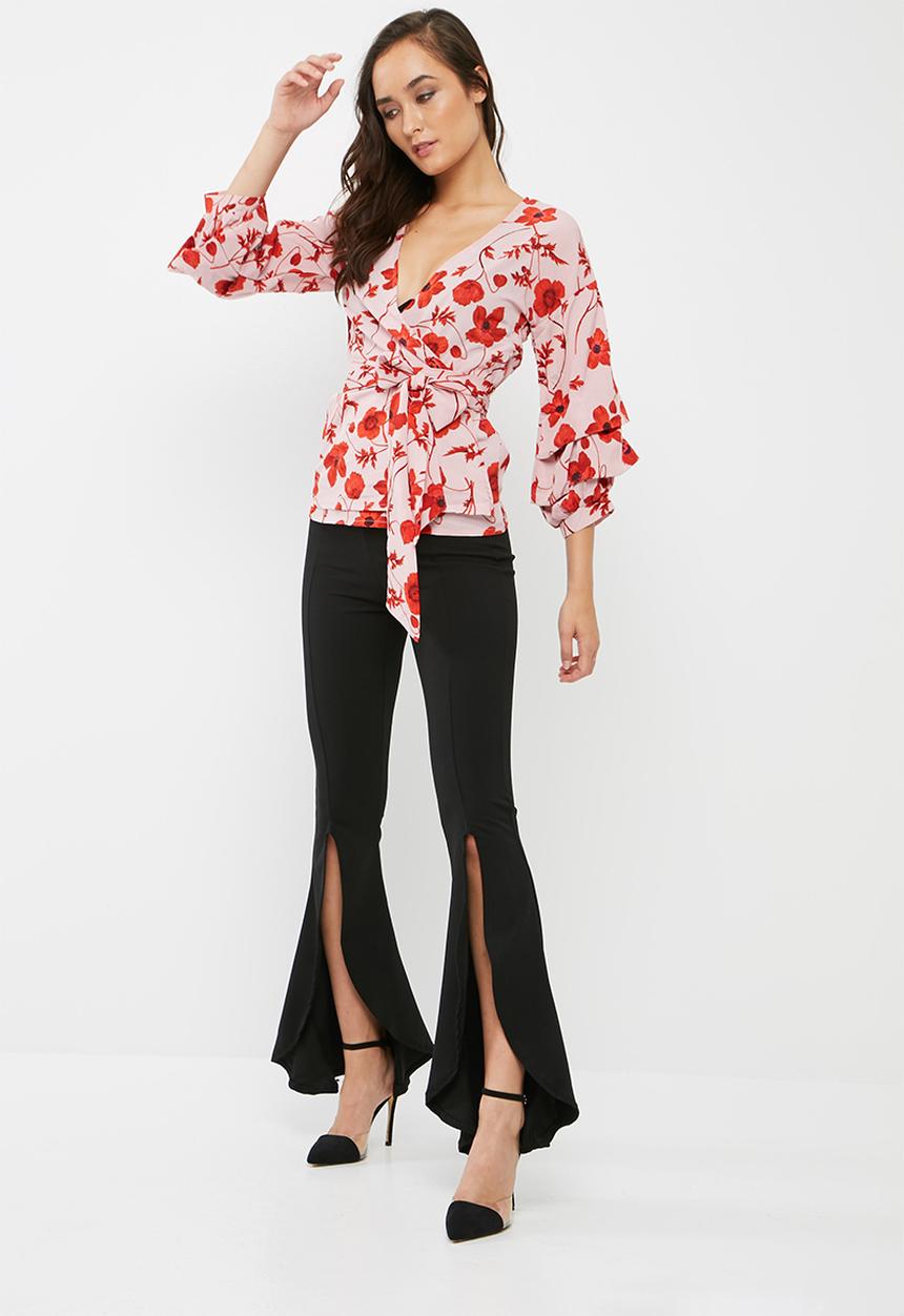 Missguided - Poppy print wrap tie blouse