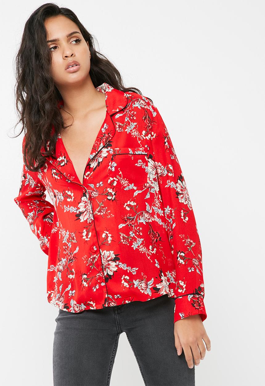 Missguided - Floral print piping detail pyjama shirt