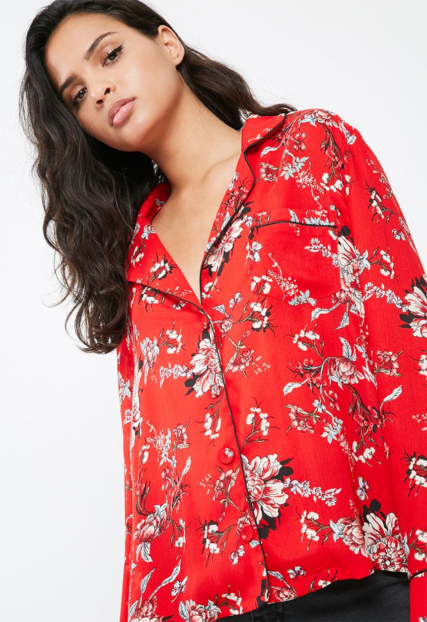 Missguided - Floral print piping detail pyjama shirt