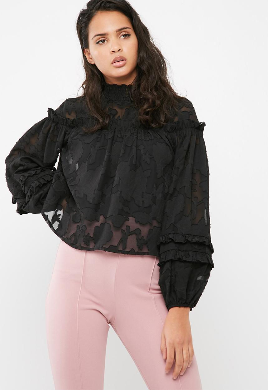 Missguided - Sheer mesh floral high neck gathered long sleeve top