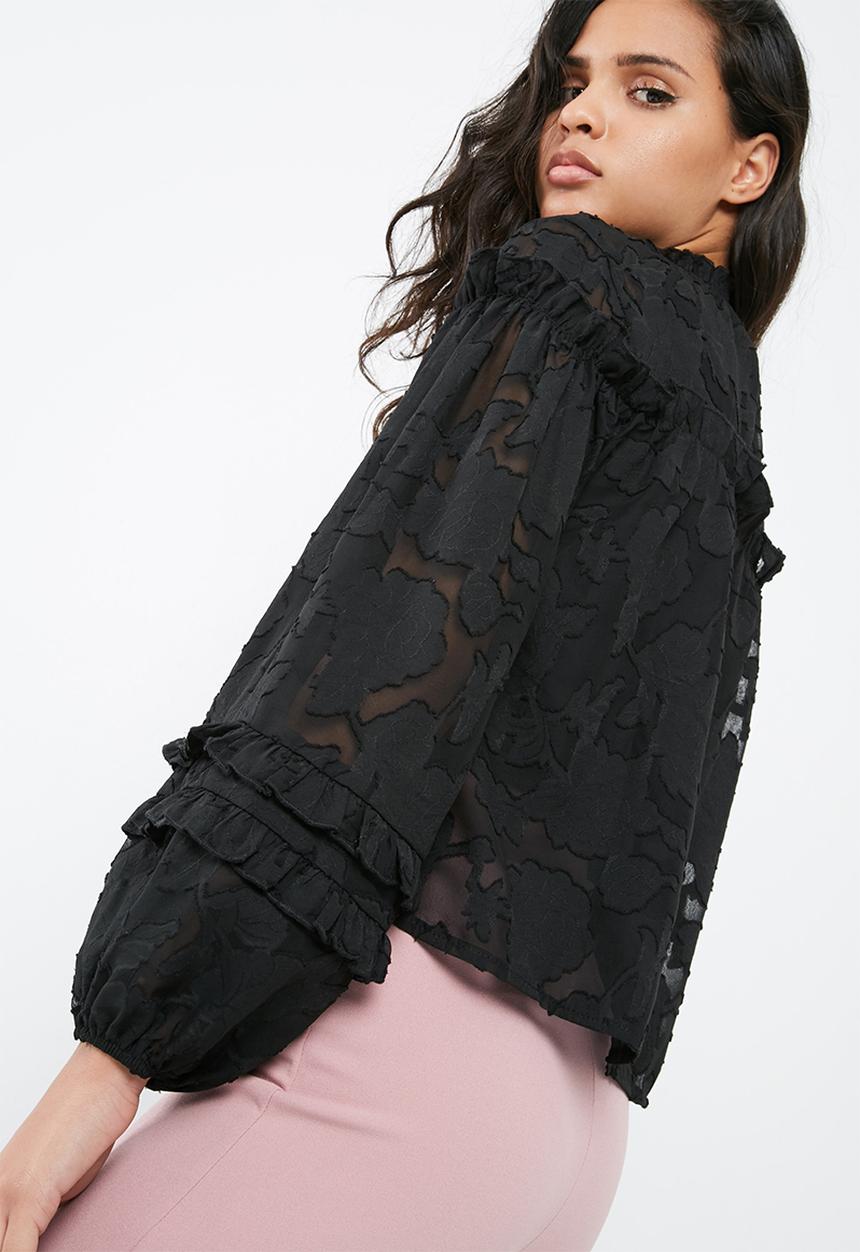 Missguided - Sheer mesh floral high neck gathered long sleeve top