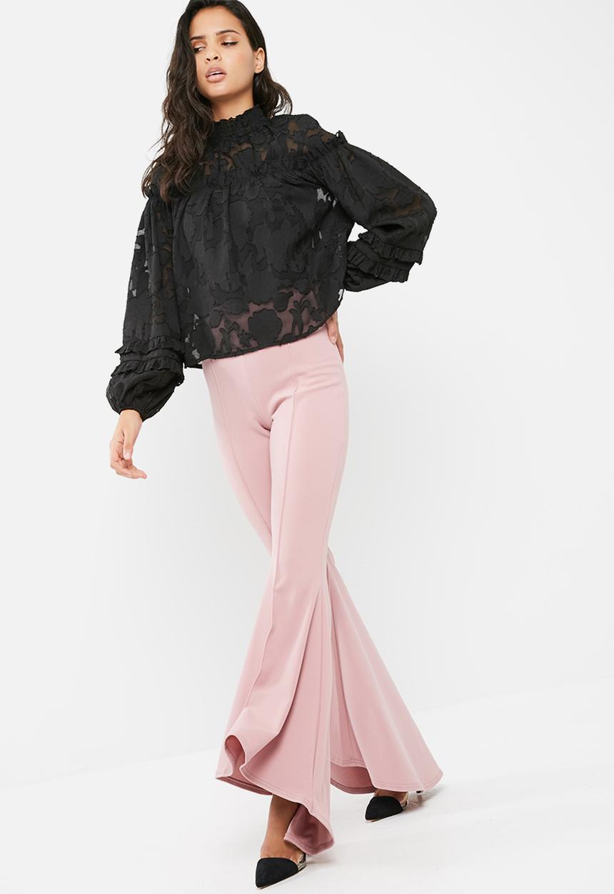 Missguided - Sheer mesh floral high neck gathered long sleeve top