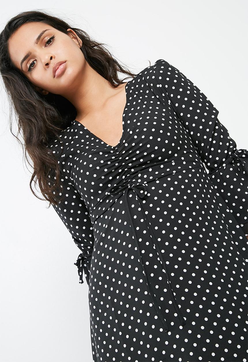 Missguided - Crepe polka dot long sleeve front gathering detail mini dress