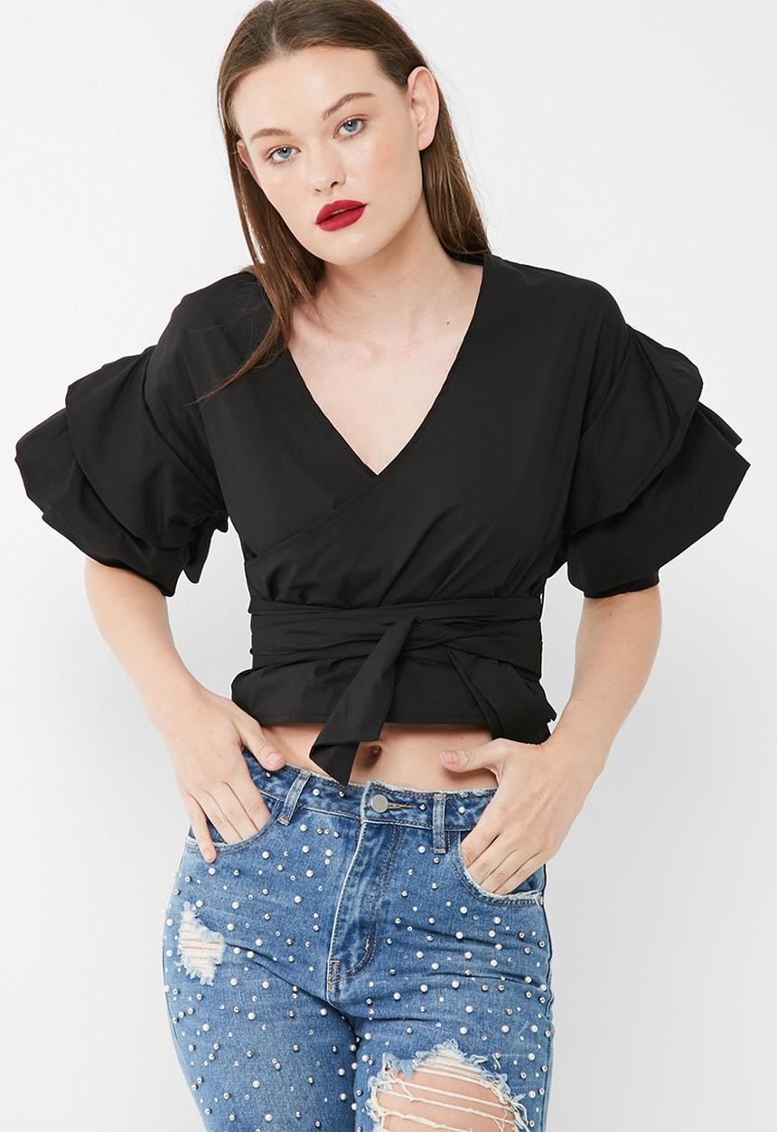 Missguided - Wrap over gathered sleeve blouse