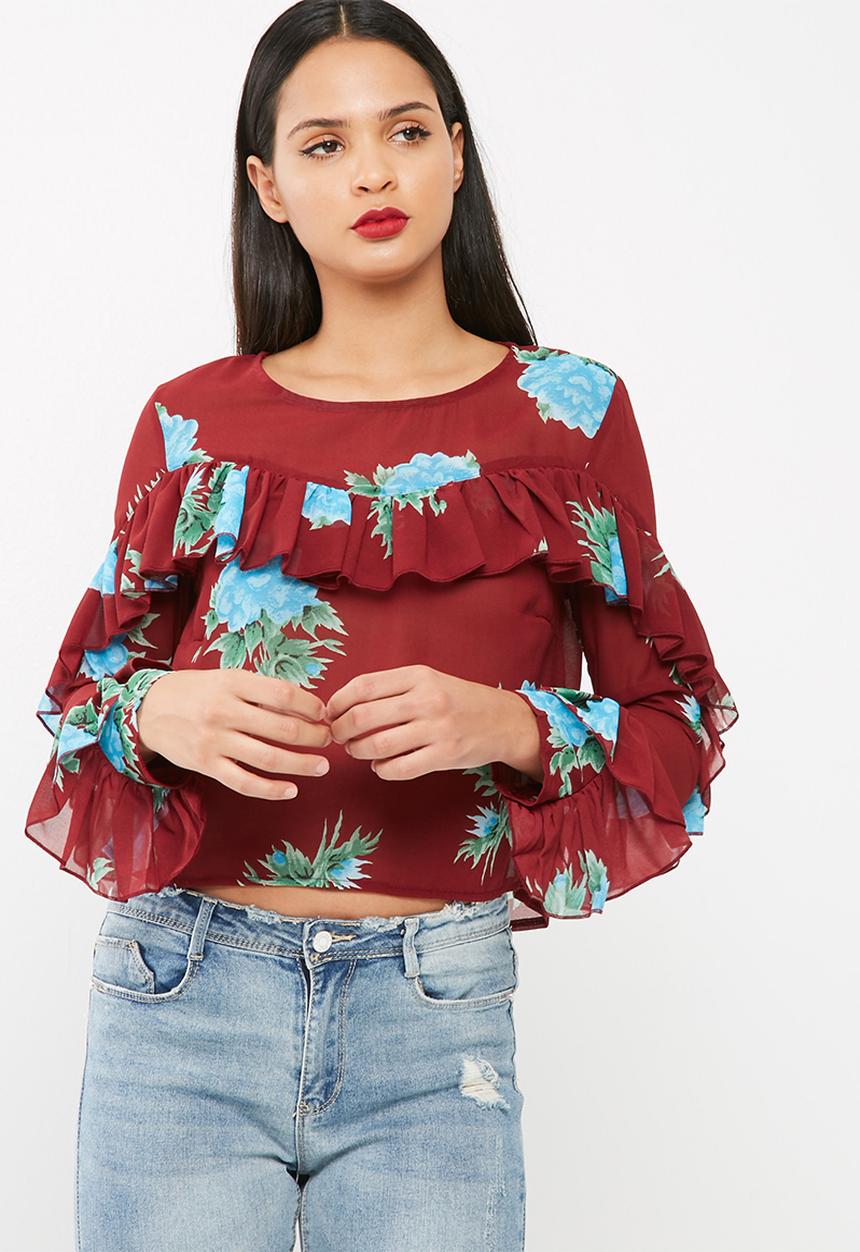 Missguided - Print long sleeve frilled blouse
