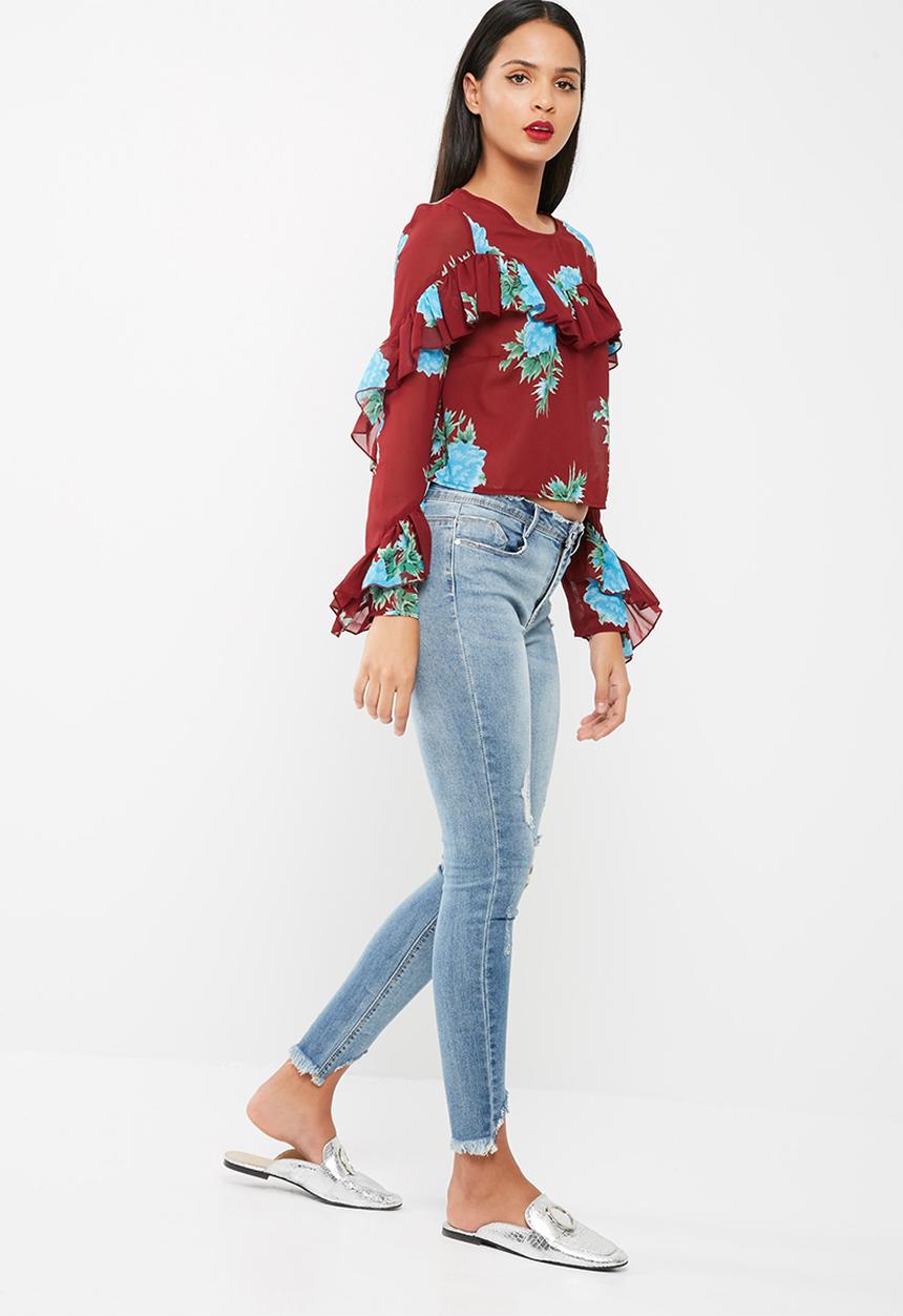 Missguided - Print long sleeve frilled blouse