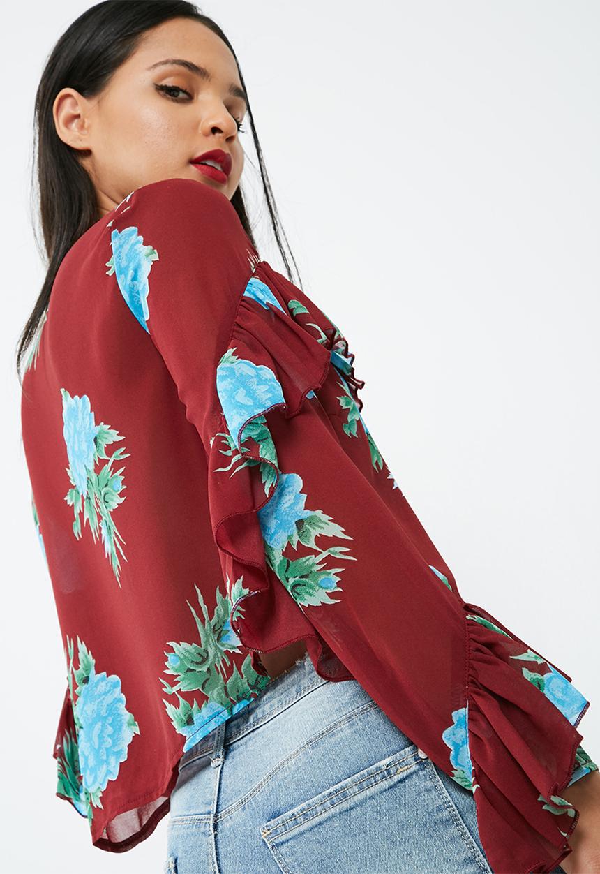 Missguided - Print long sleeve frilled blouse