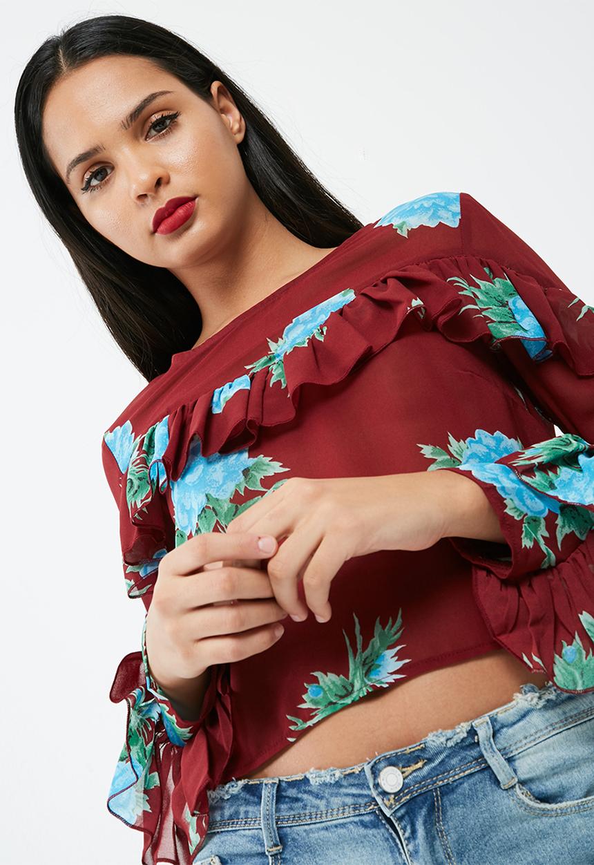 Missguided - Print long sleeve frilled blouse