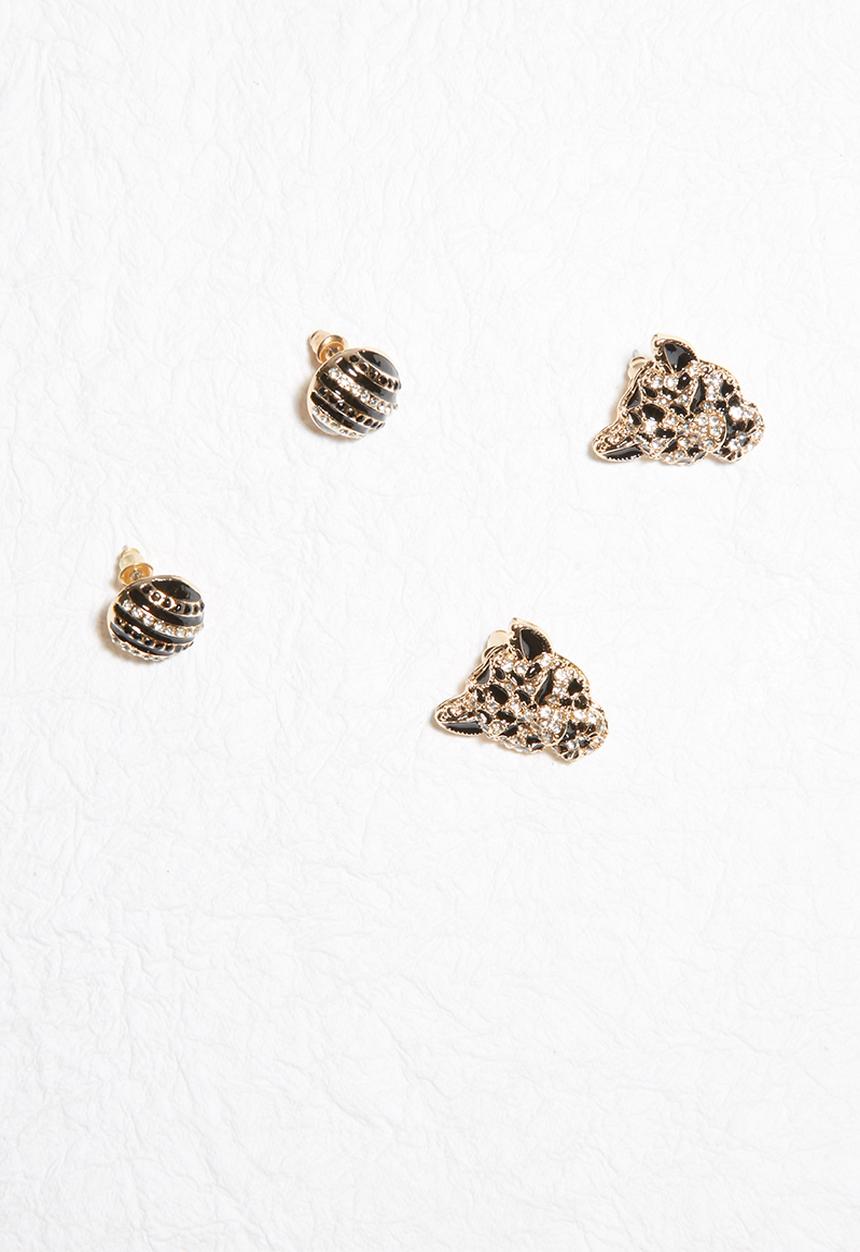 dailyfriday - 2pk black and crystal round stud and animal face