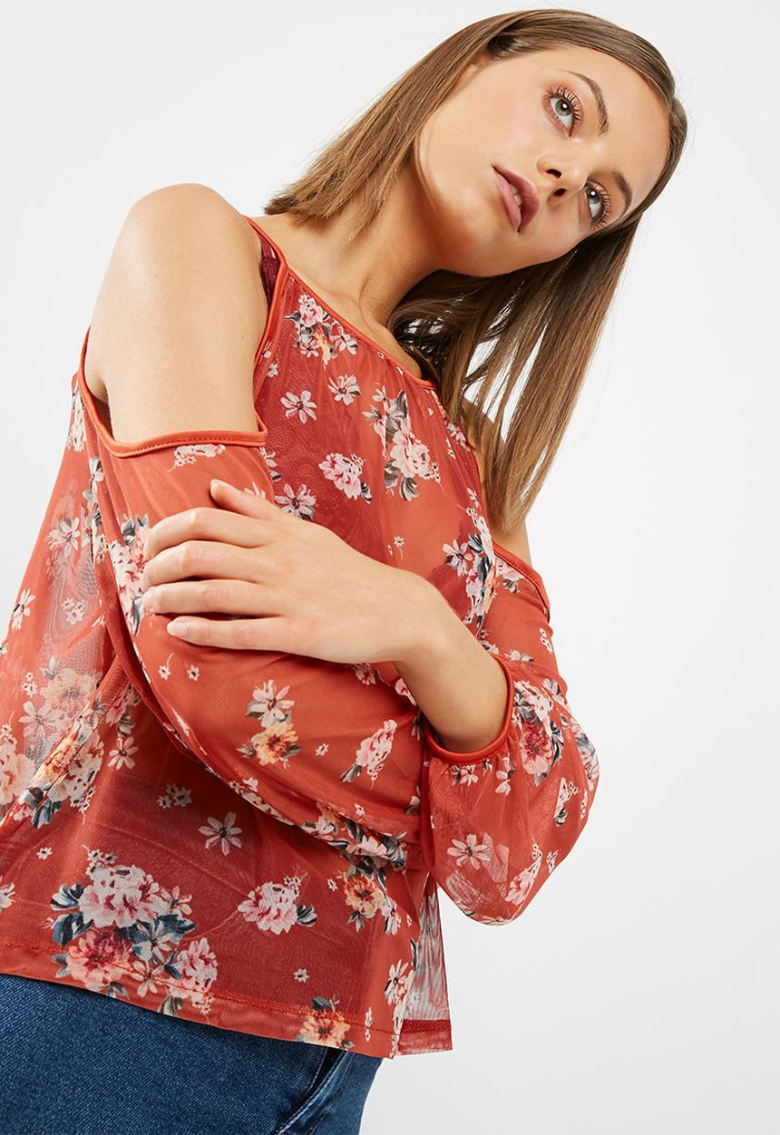 New Look - Esme printed mesh cold shoulder blouse