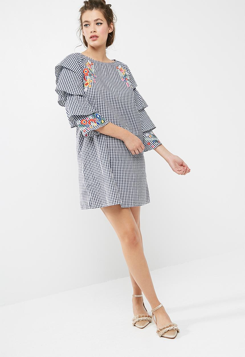 dailyfriday - Flower embroidered gingham frill dress