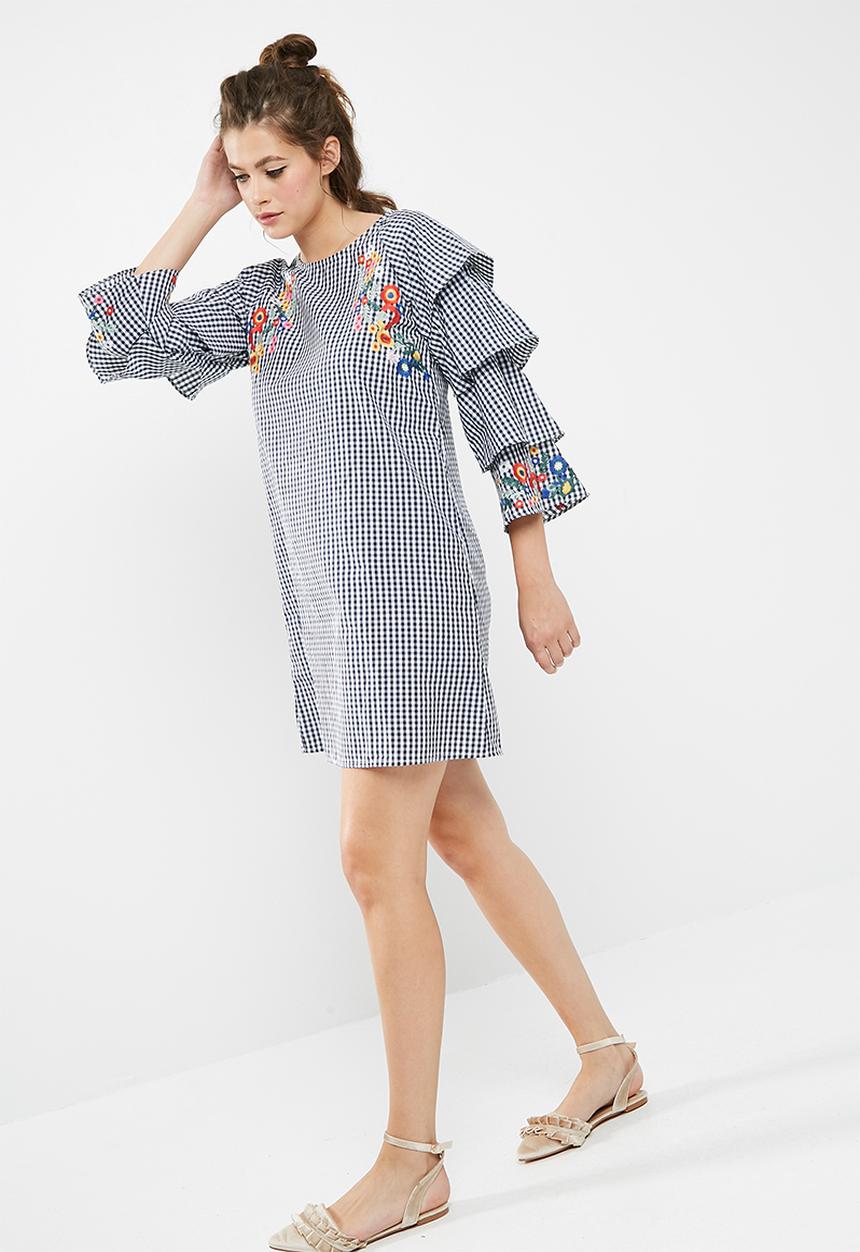 dailyfriday - Flower embroidered gingham frill dress