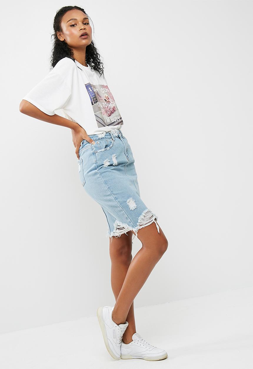 Missguided - Busted hem denim midi skirt