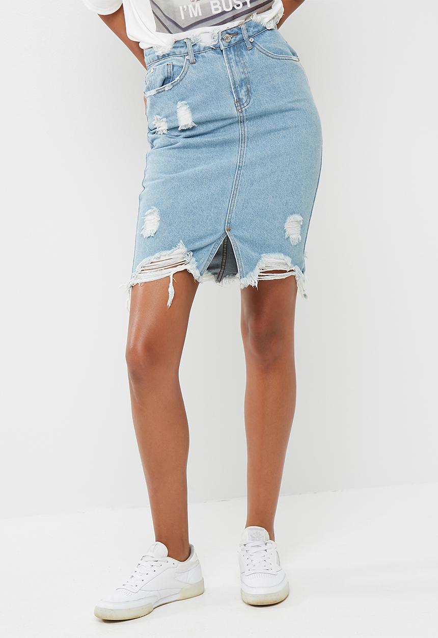 Missguided - Busted hem denim midi skirt