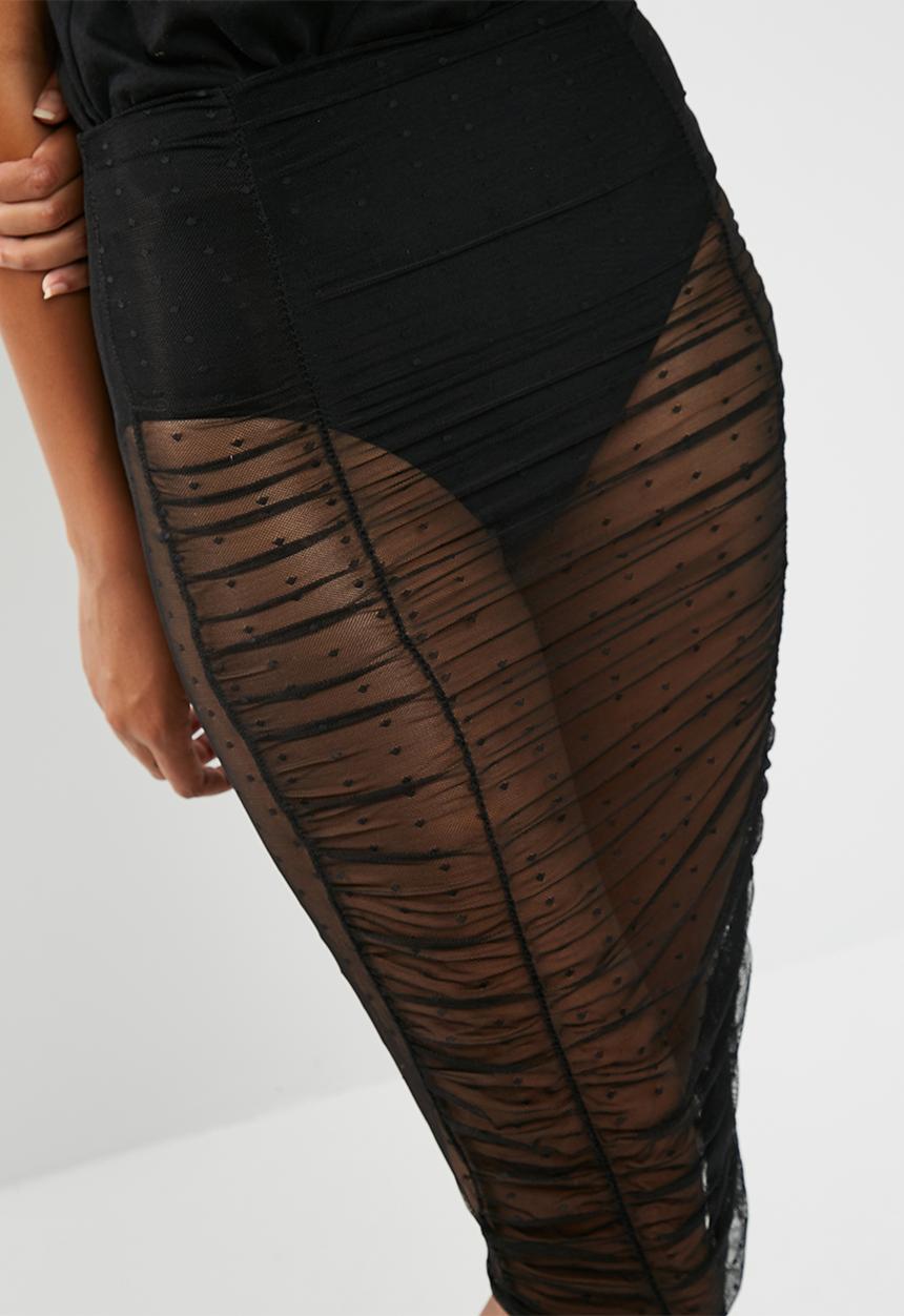 Missguided - Polka dot mesh ruched midi skirt