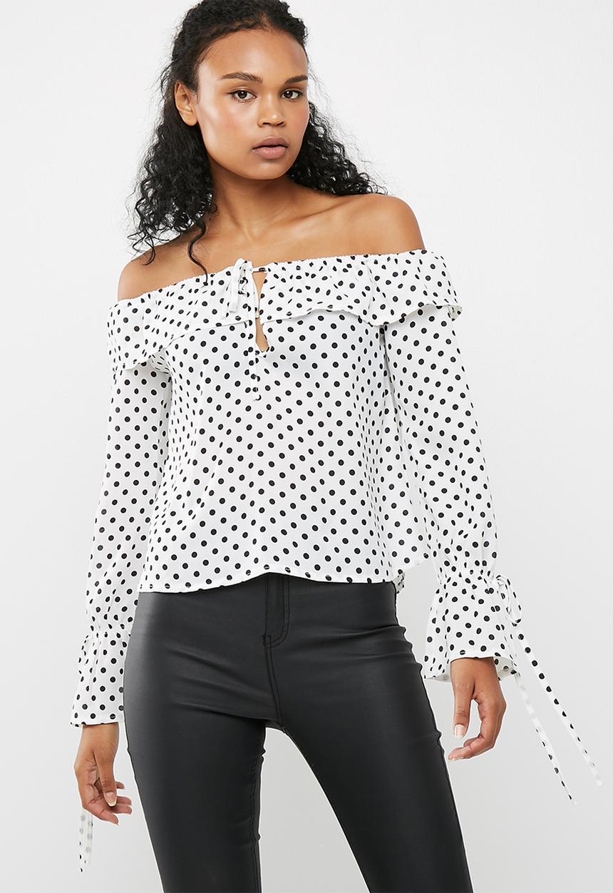 Missguided - Polka dot print bardot tie detail ruffle blouse