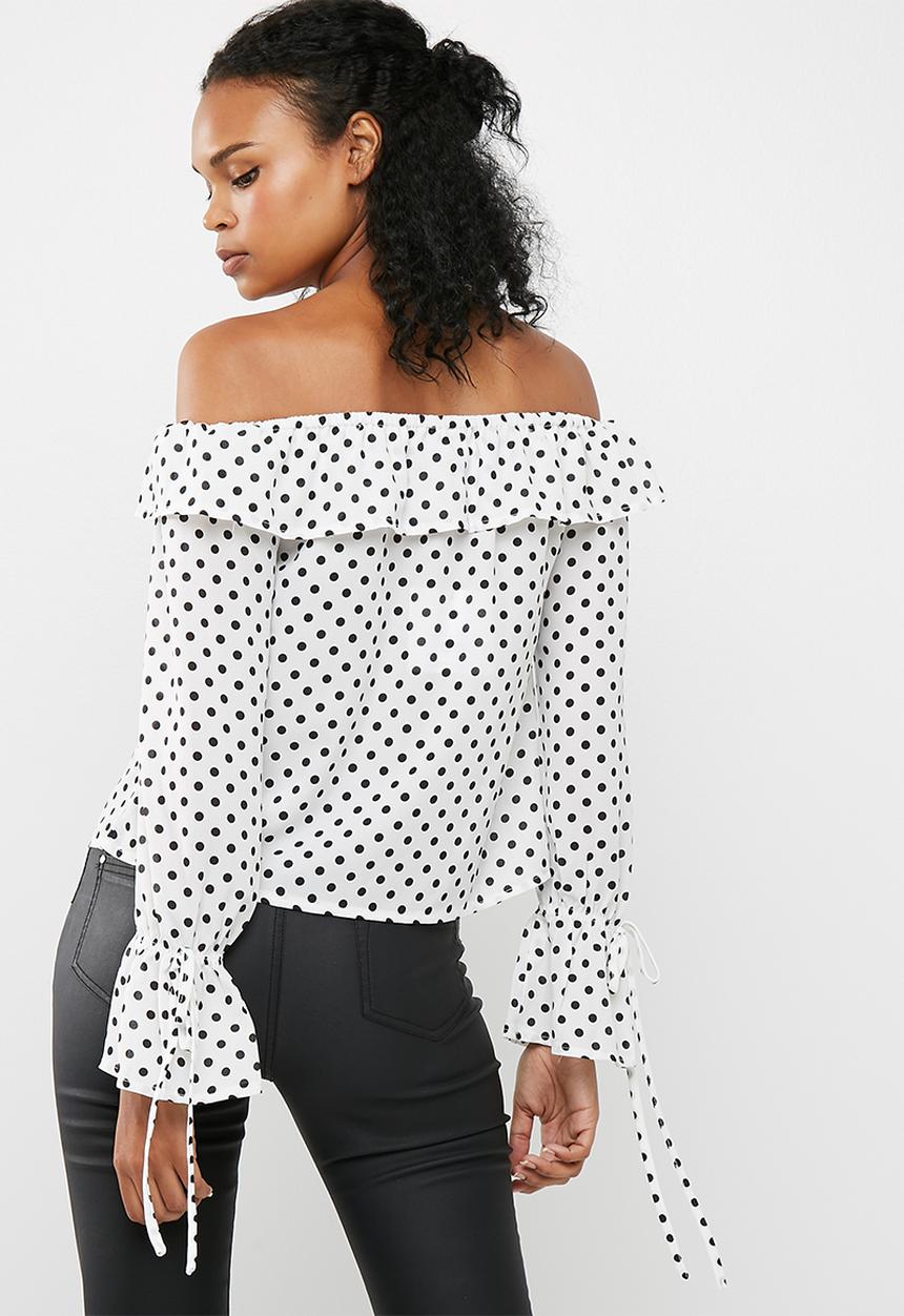 Missguided - Polka dot print bardot tie detail ruffle blouse
