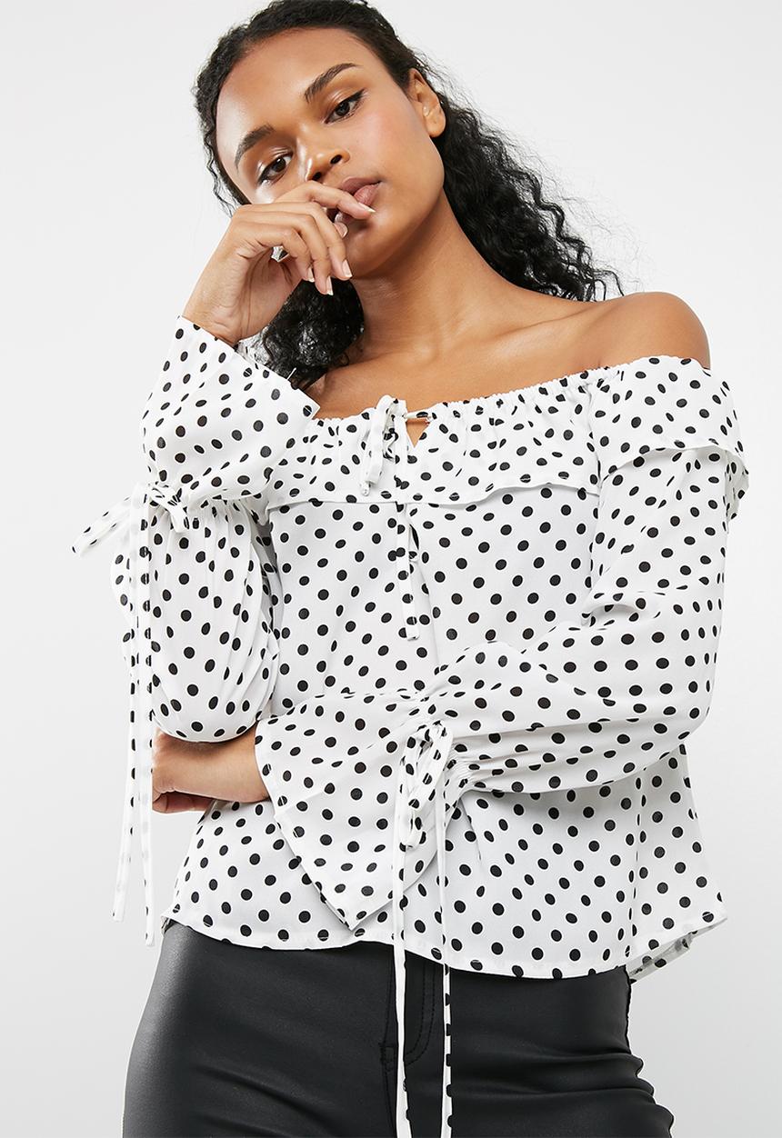 Missguided - Polka dot print bardot tie detail ruffle blouse