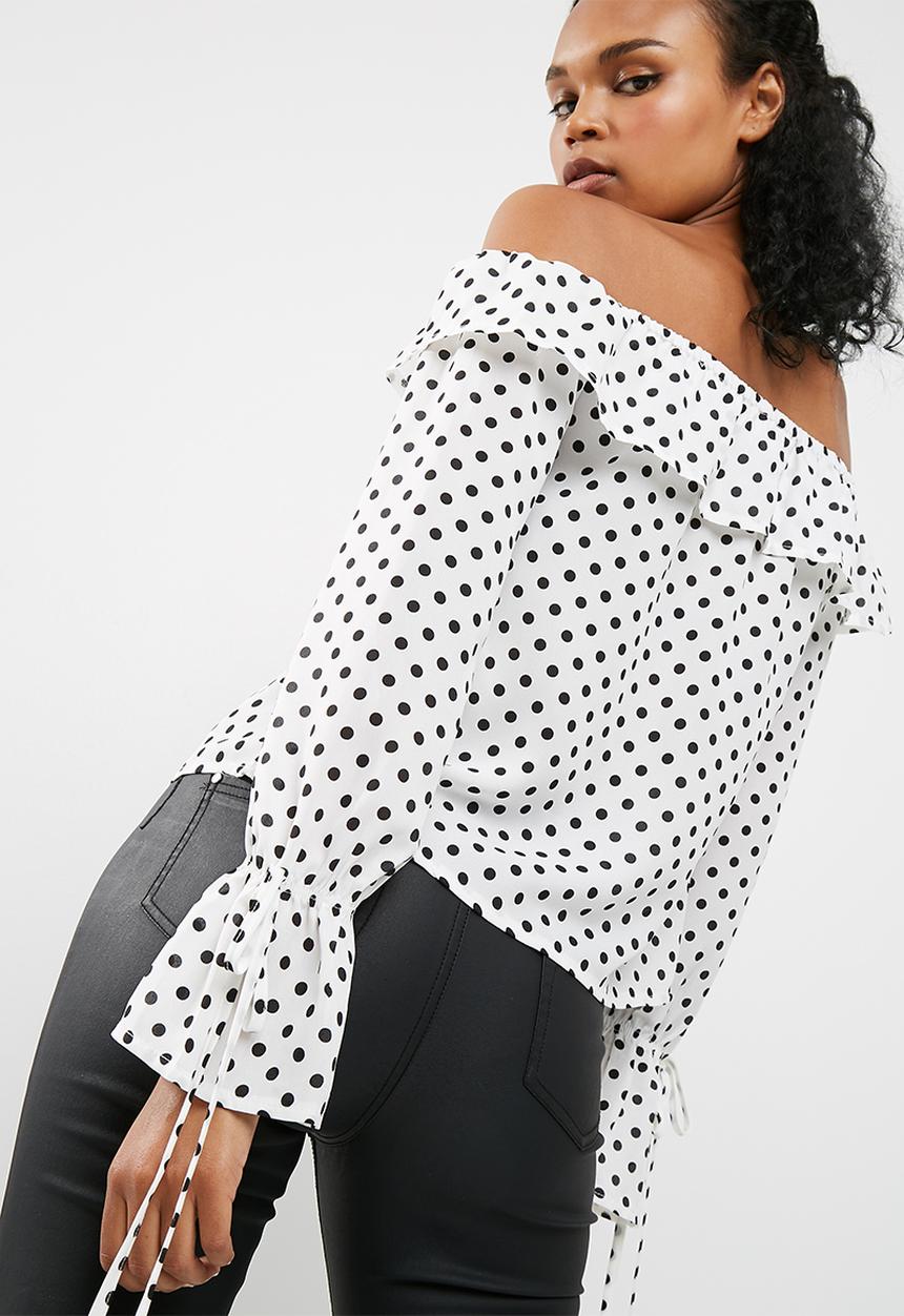 Missguided - Polka dot print bardot tie detail ruffle blouse