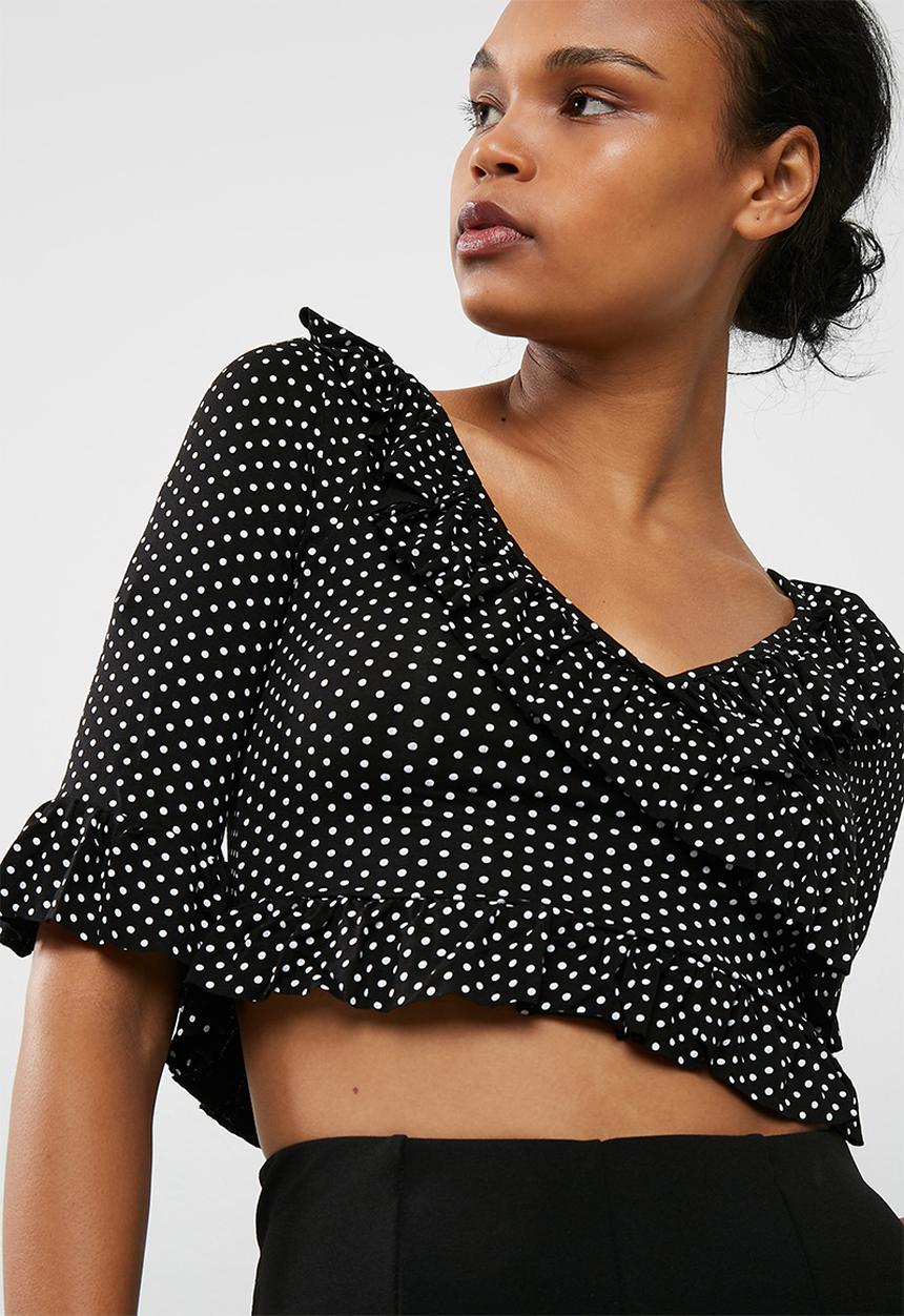 Missguided - Black wrap polka dot frill crop top