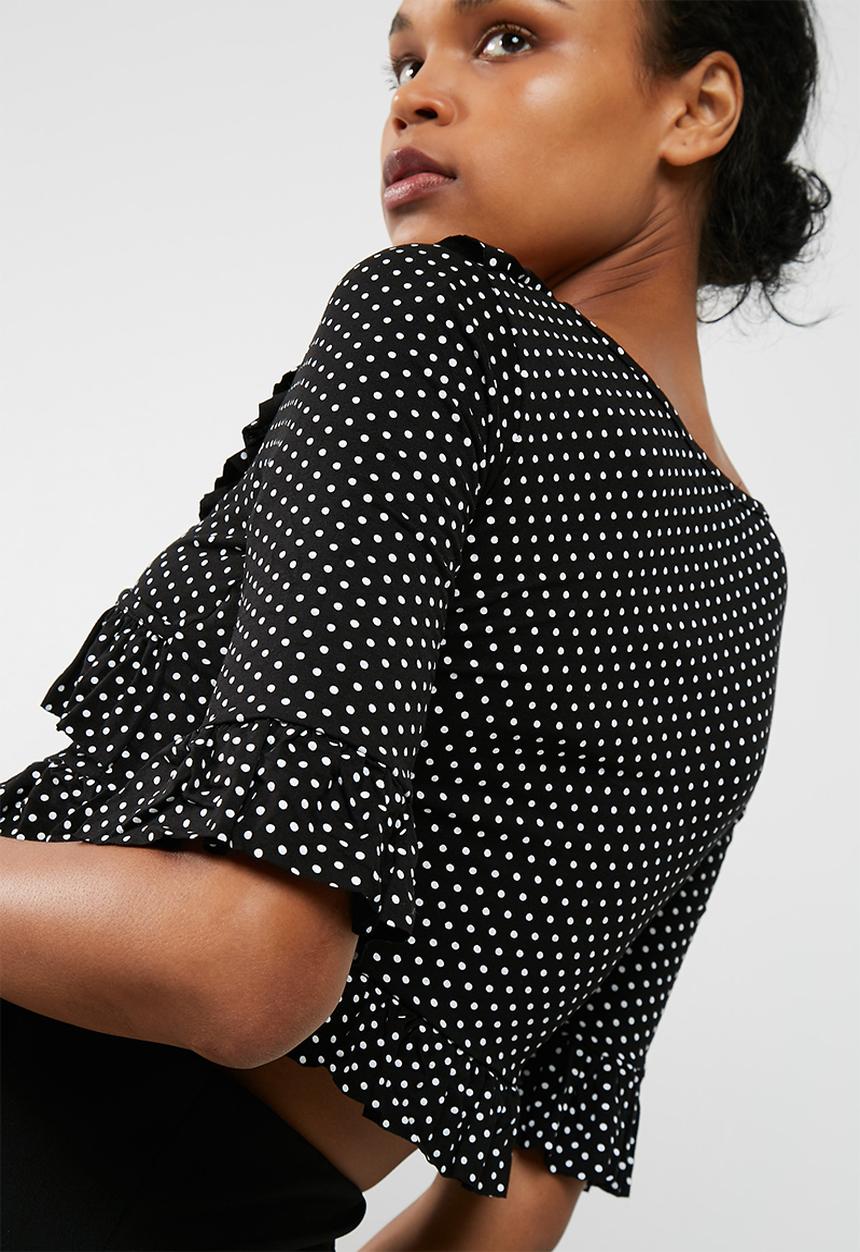 Missguided - Black wrap polka dot frill crop top