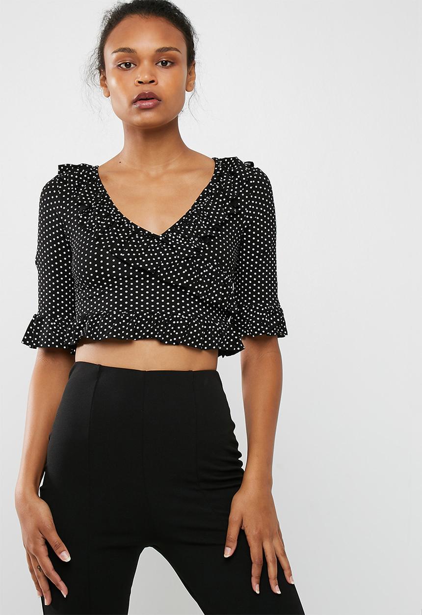 Missguided - Black wrap polka dot frill crop top