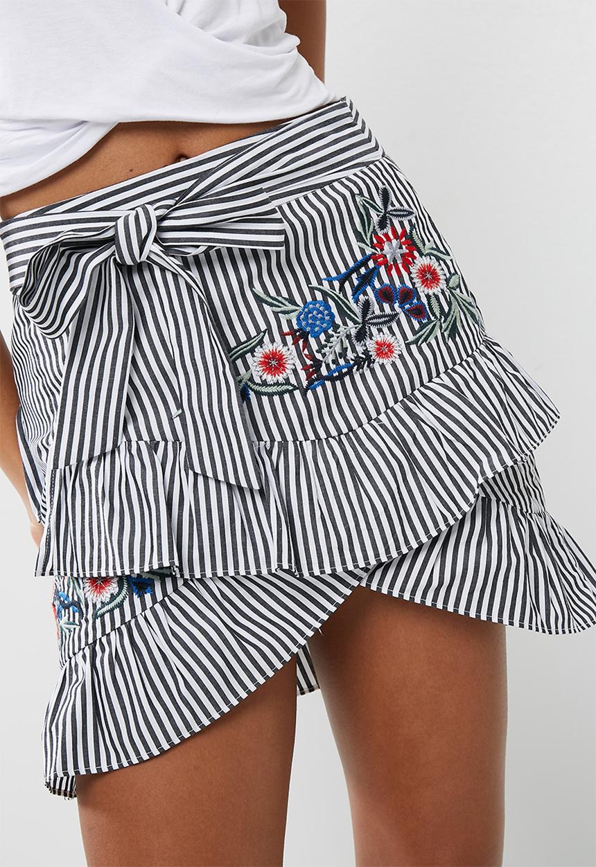 dailyfriday - Flower embroidered stripe frill skirt