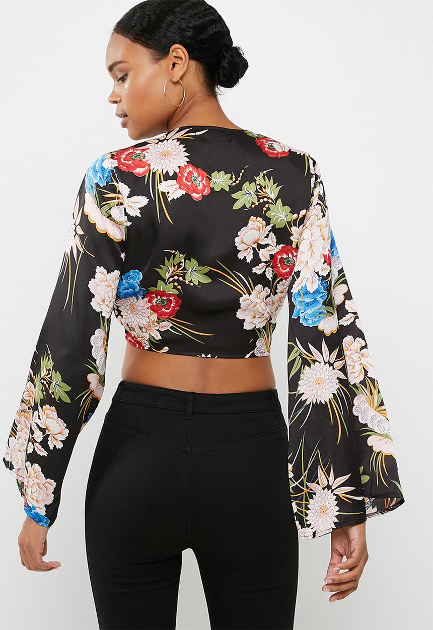 Missguided - Satin floral wrap front top