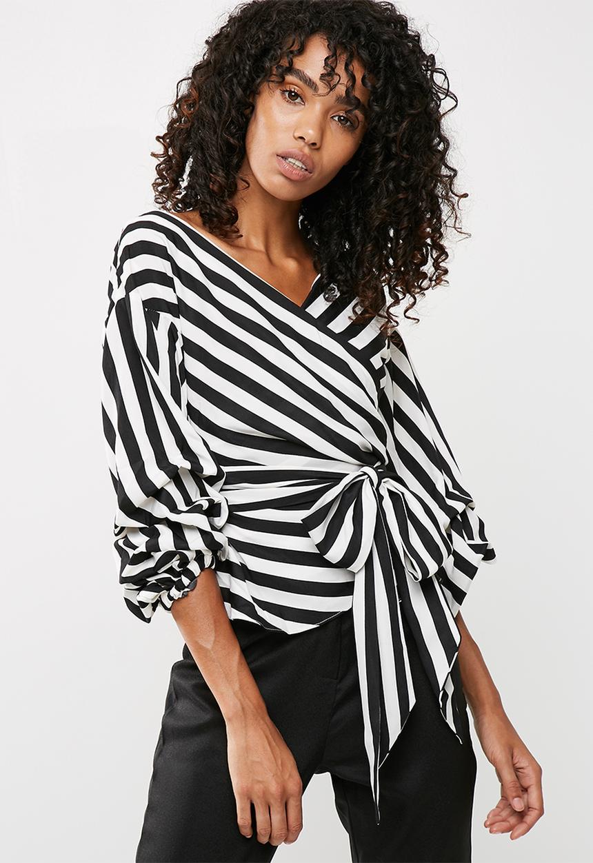 Missguided - Striped puffball sleeves tie waist blouse