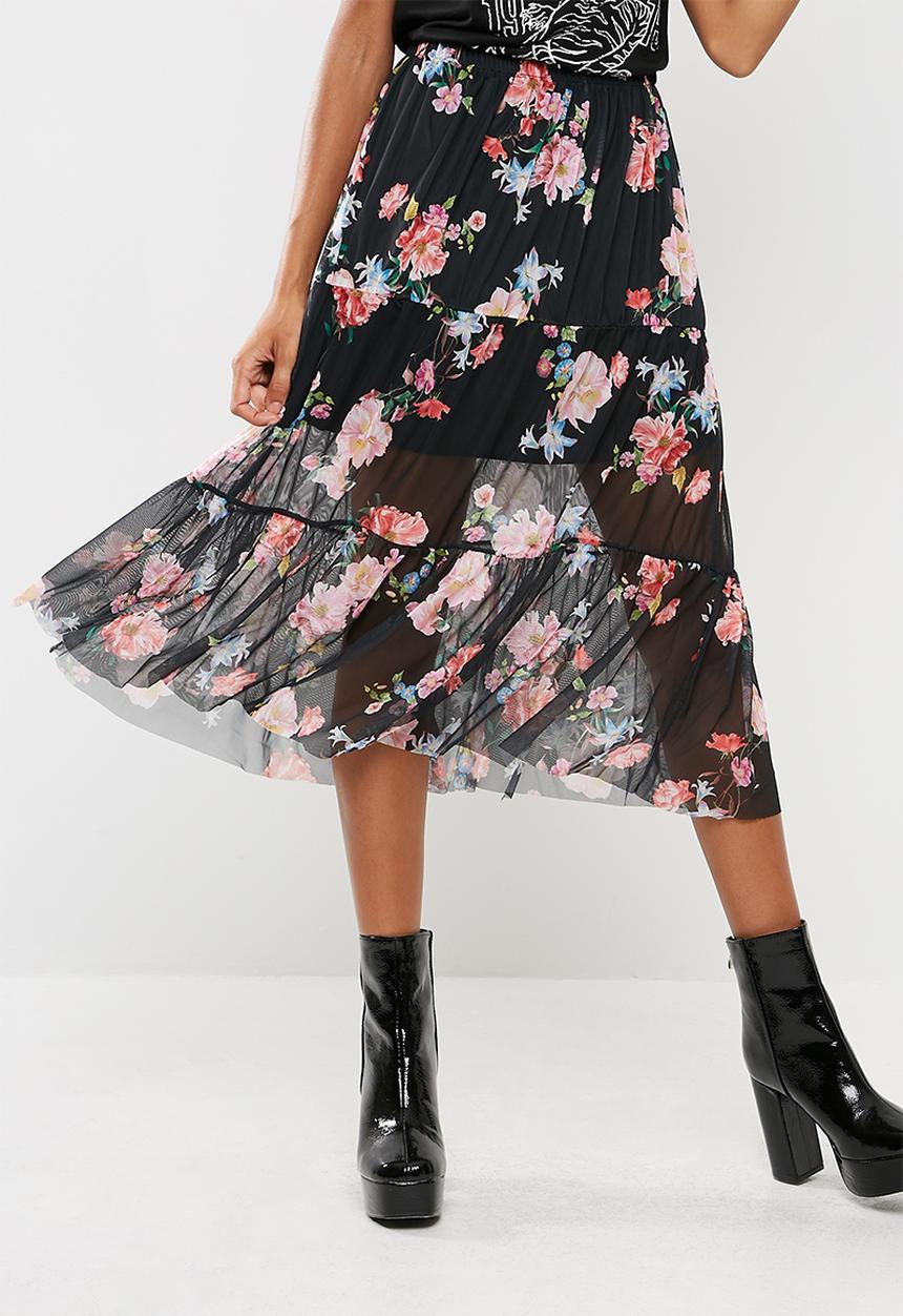 Missguided - Floral mesh frill hem midi skirt
