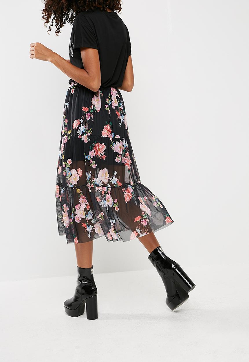 Missguided - Floral mesh frill hem midi skirt