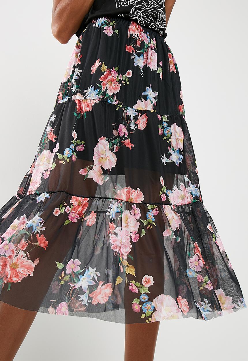 Missguided - Floral mesh frill hem midi skirt