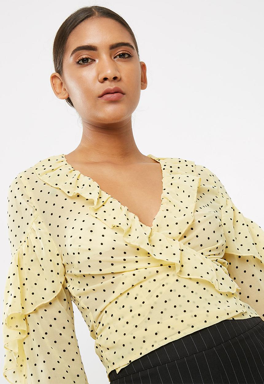 Missguided - Chiffon polka dot frill detail tie front long sleeve top