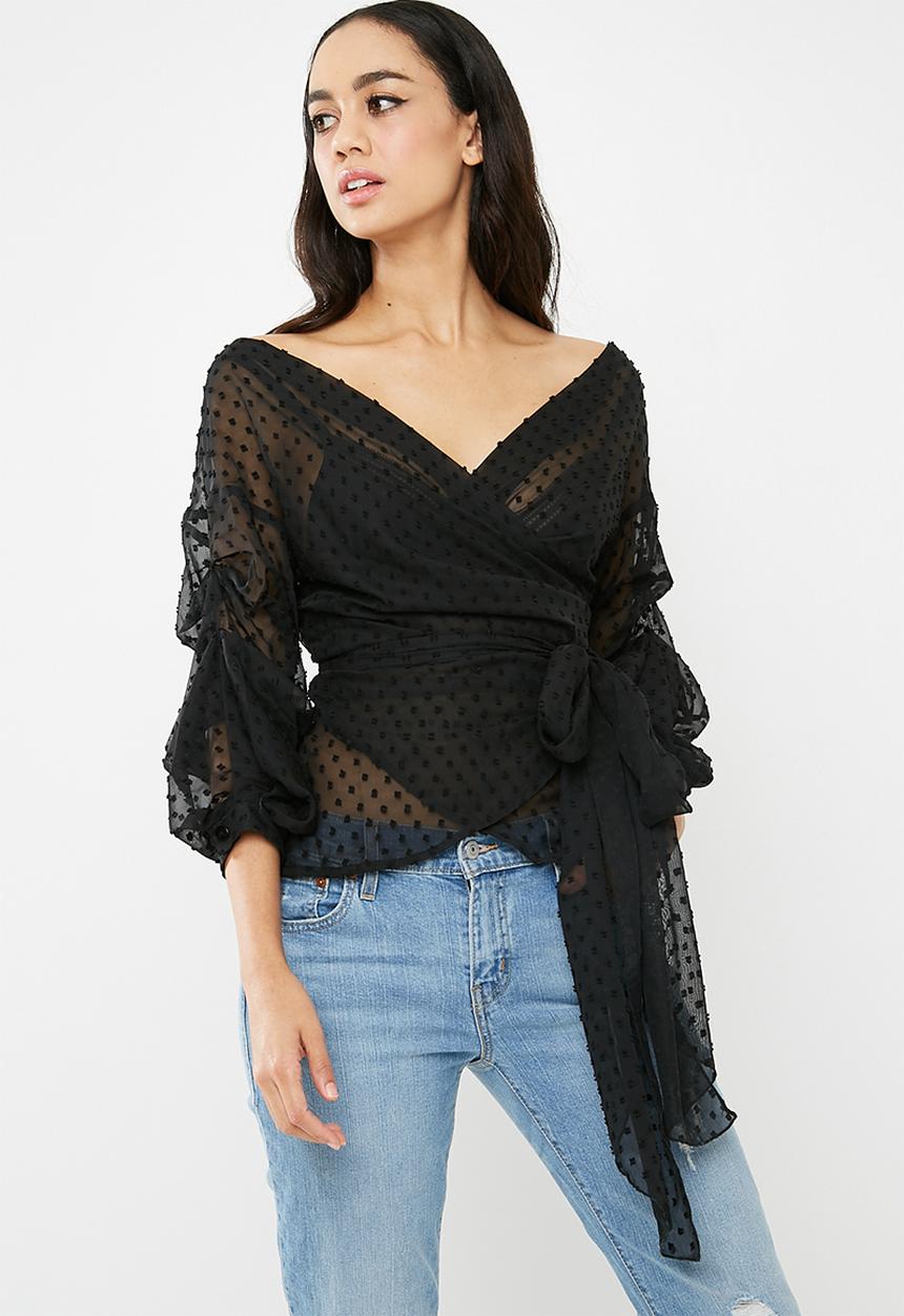 Missguided - Dobby mesh tie waist blouse