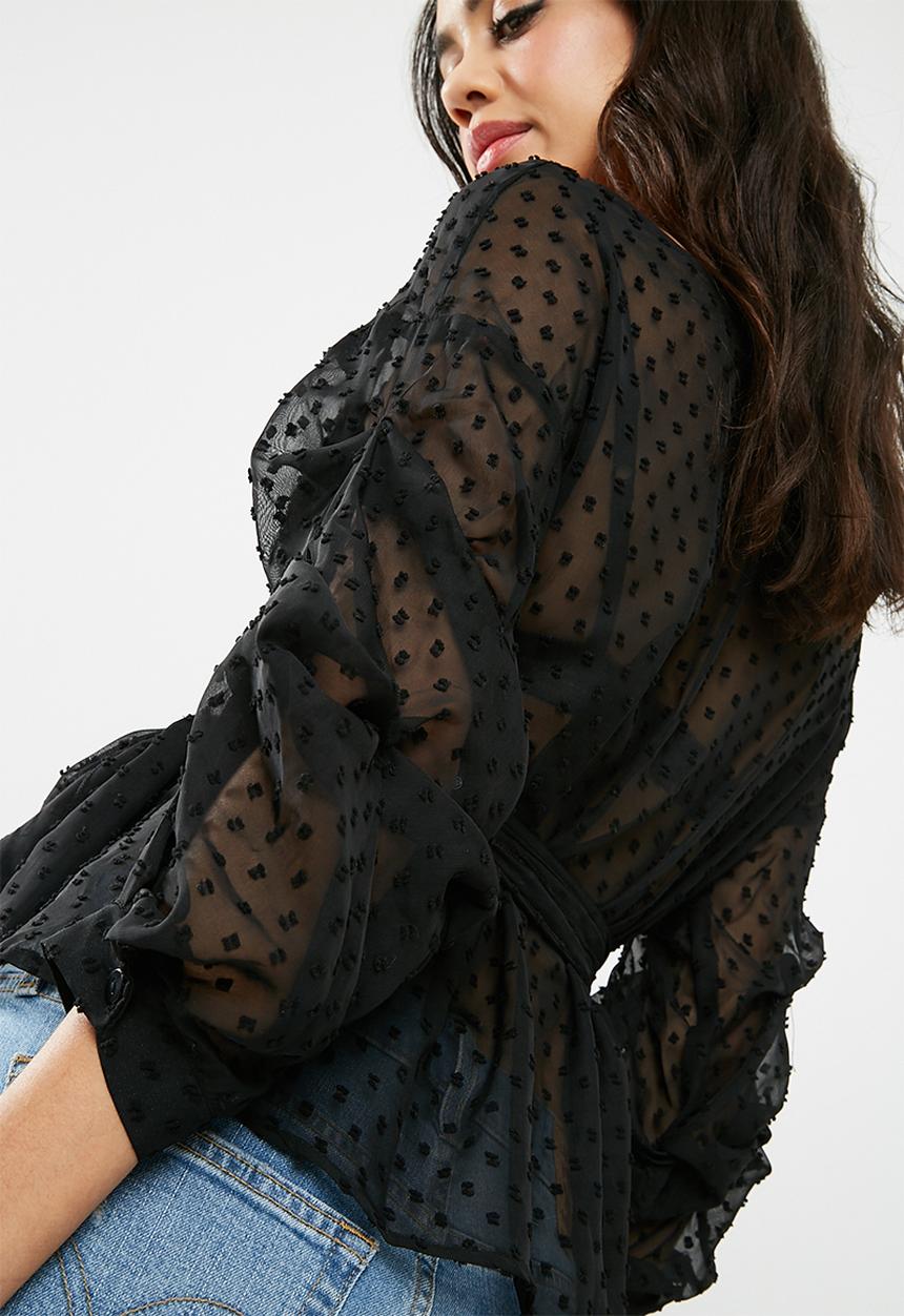 Missguided - Dobby mesh tie waist blouse