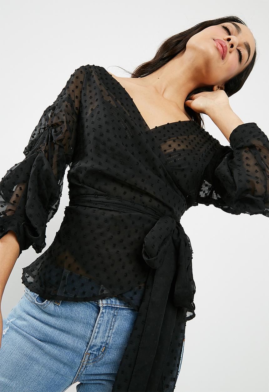 Missguided - Dobby mesh tie waist blouse