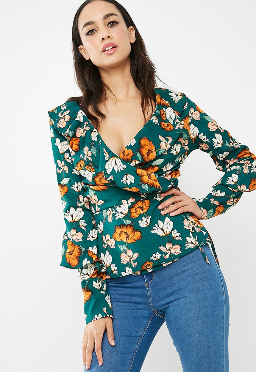 Missguided - Floral wrap ruffle tie front blouse