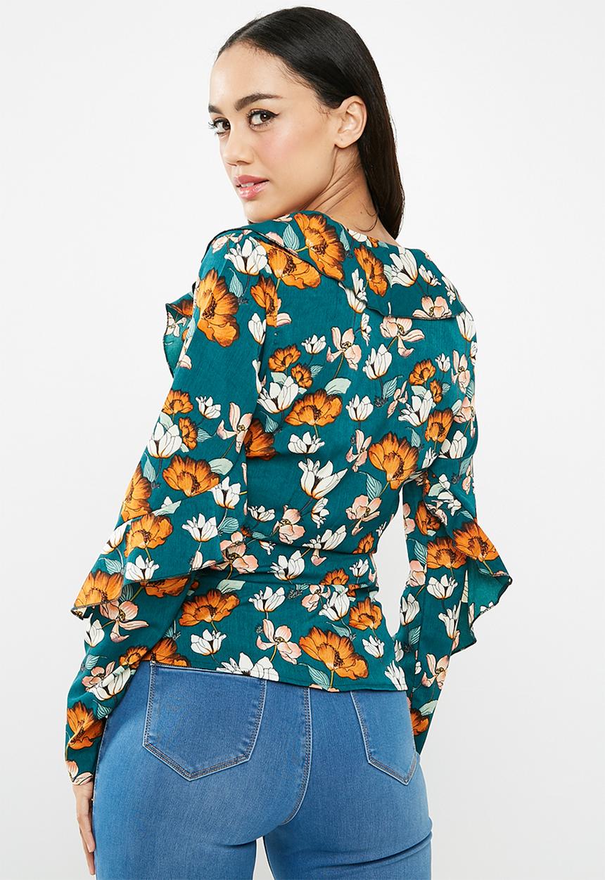 Missguided - Floral wrap ruffle tie front blouse