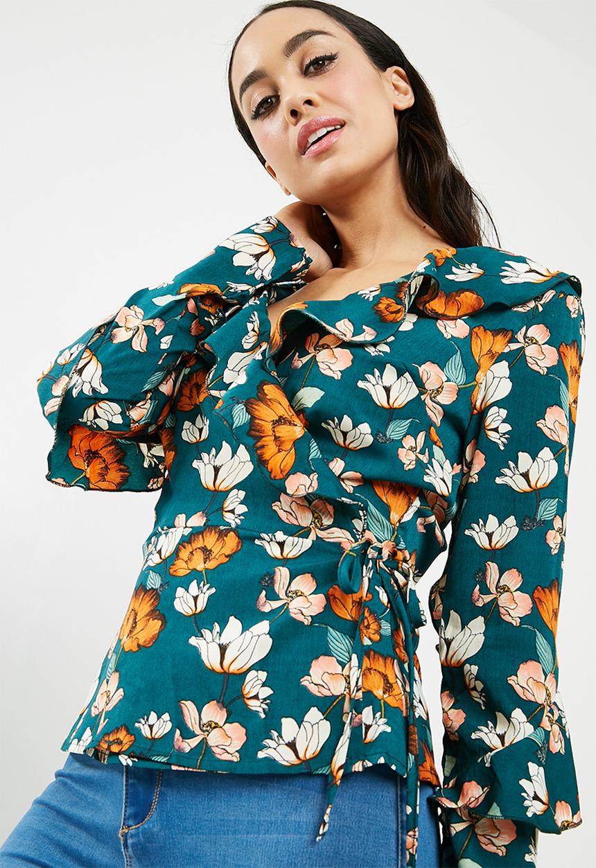 Missguided - Floral wrap ruffle tie front blouse