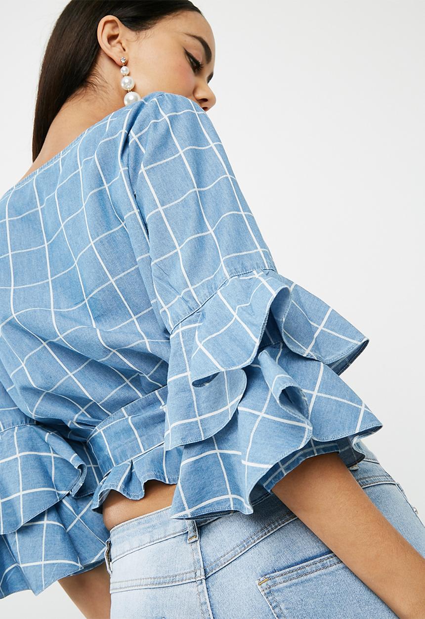 Missguided - Check wrap around tie waist denim blouse
