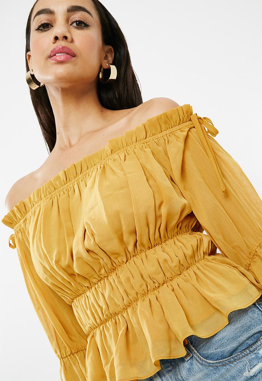 Missguided - Gathered bardot shirred waist top - mustard