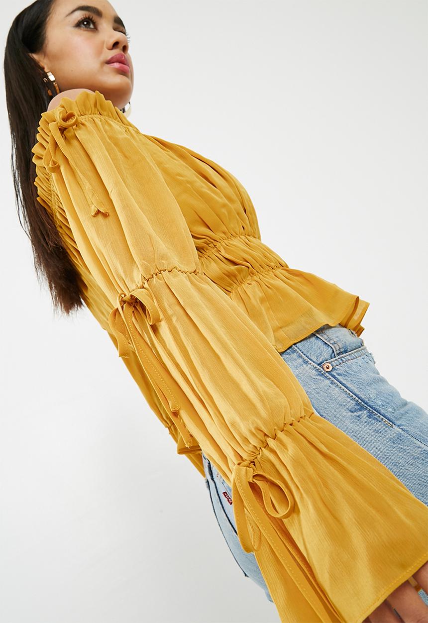 Missguided - Gathered bardot shirred waist top - mustard