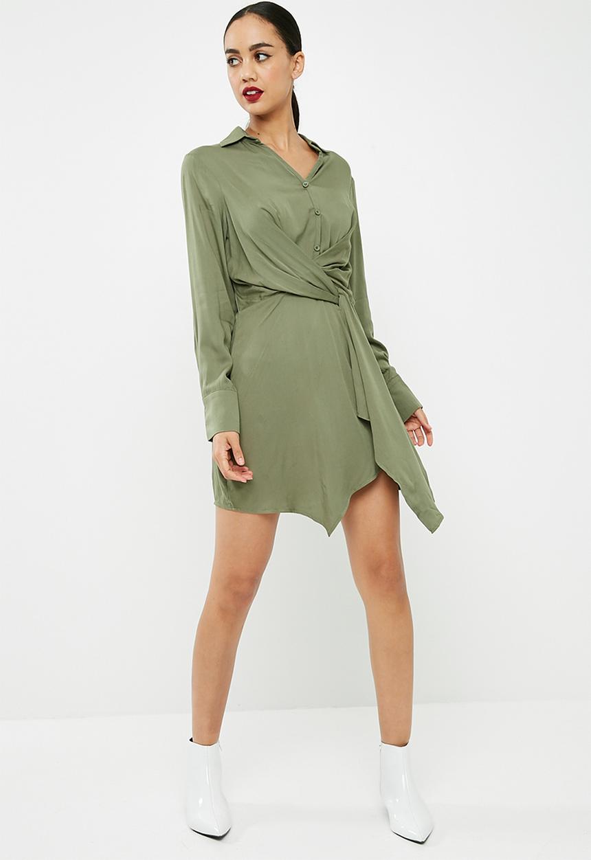 Missguided - Asymmetric knot front shirt dress - khaki